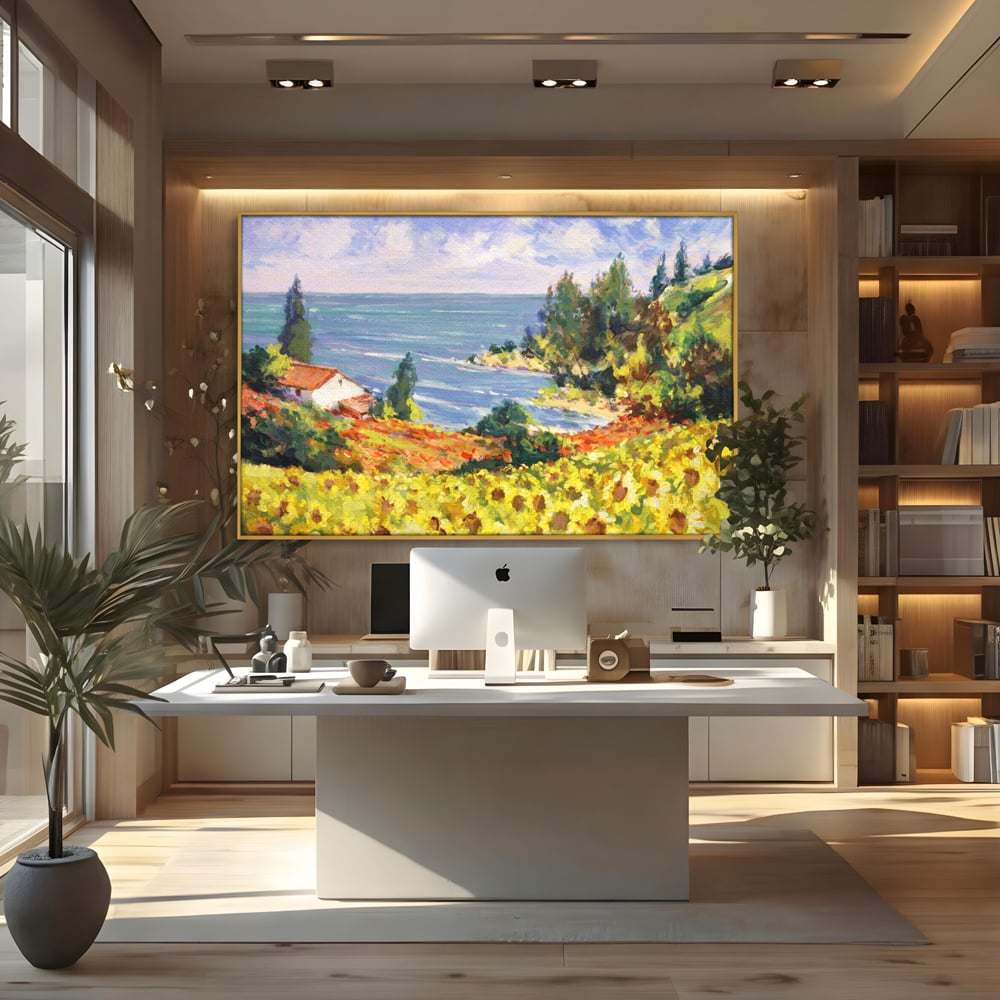 Tablou canvas cu pictura camp cu floarea soarelui si mare, in rama de aluminiu auriu, pe perete intr-un birou